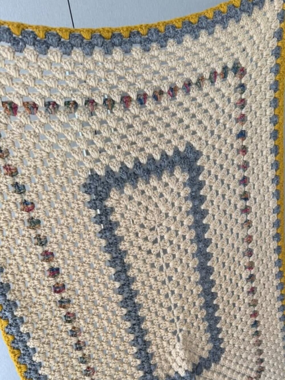 Handmade Crochet Throw Blanket – Cream, Gray & Mustard – 28" x 38"